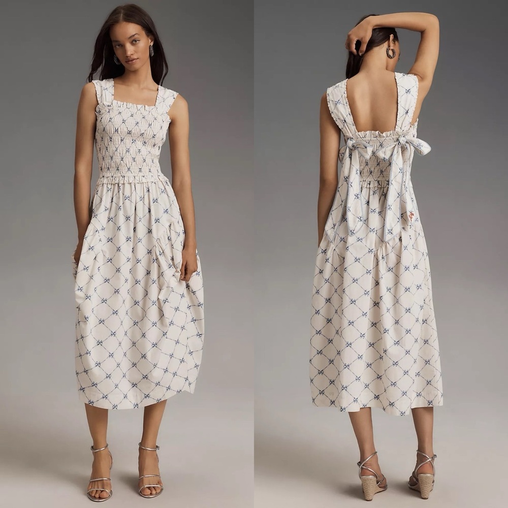 Anthropologie Damson Madder Violet Bow Smocked Midi Dress